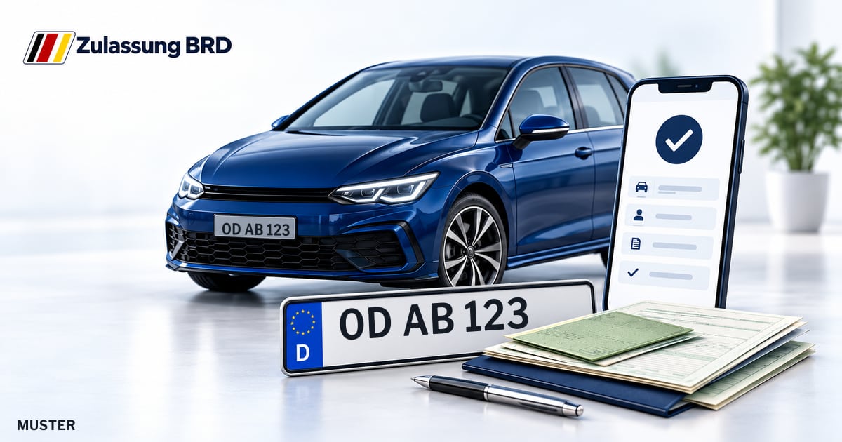 Online Fahrzeugzulassung in Landkreis Stormarn: Musterkennzeichen OD AB 123, Auto und Fahrzeugpapiere und Smartphone. Illustration mit Logo von Zulassung BRD.